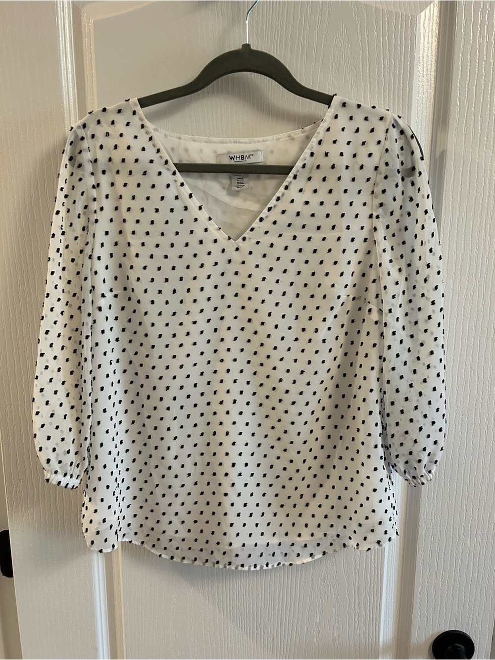 White House Black Market White V-Neck Polka Dot Blouse